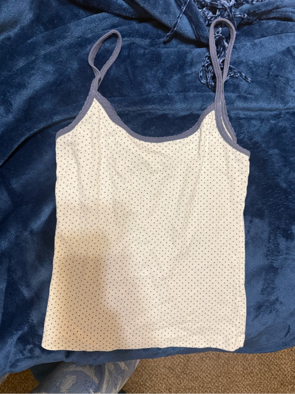 Brandy Melville White Polka Dot Cami with Blue Trim